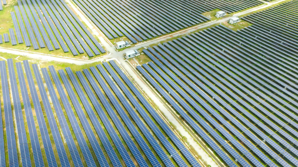 aerial shot of utility scale solar farm