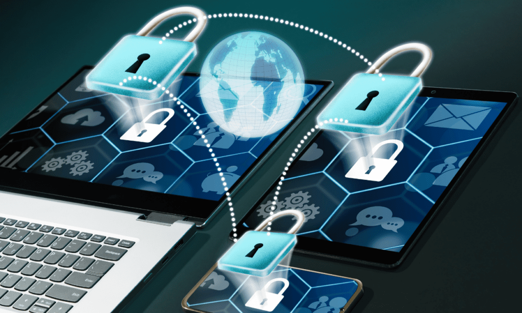 Illustration of multiple digital devices with padlocks connected by lines, representing data protection and cybersecurity.